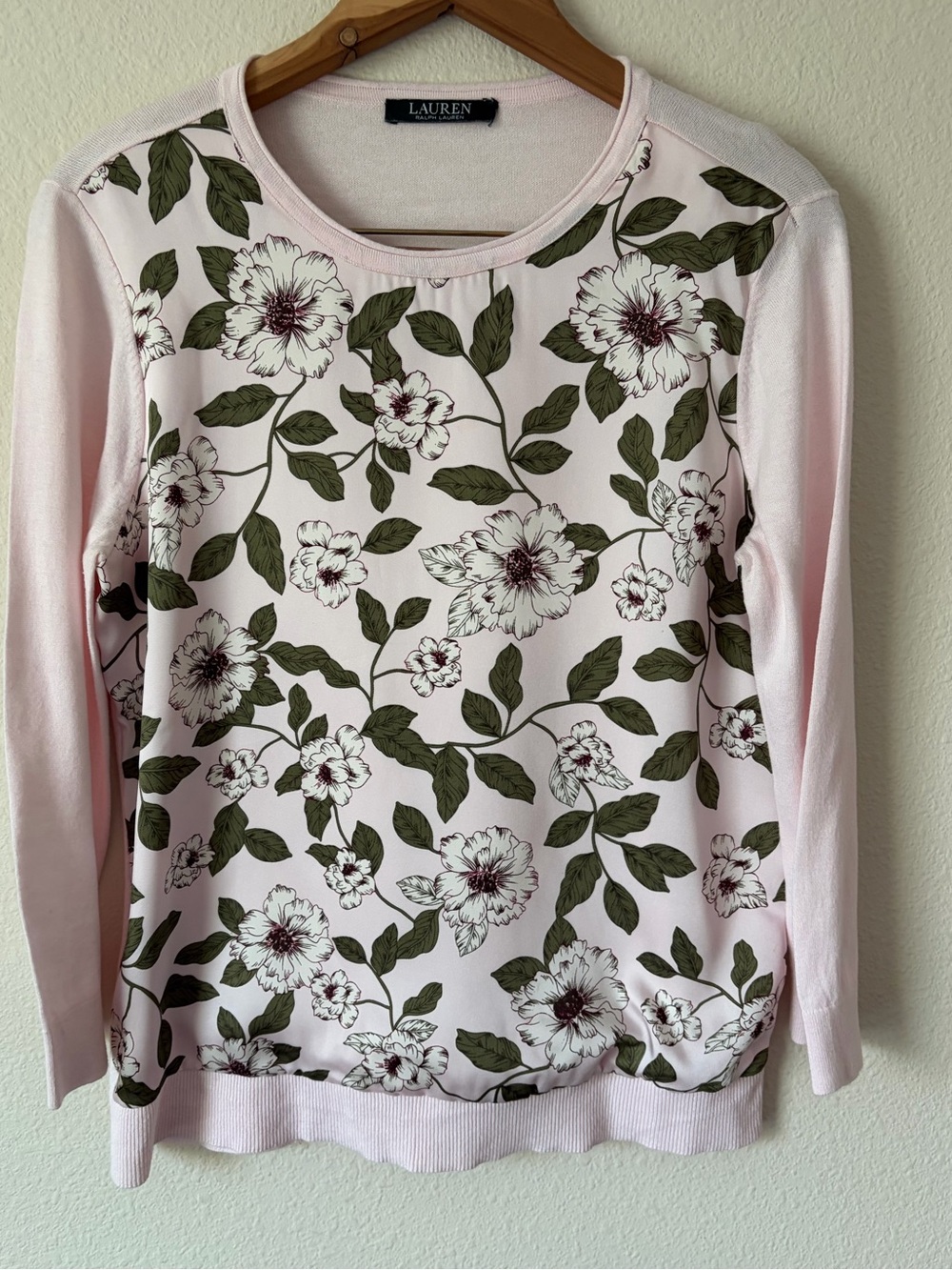 Lauren Ralph Lauren Women’s 3/4Sleeve Pink &Floral Crewneck Light Sweater M